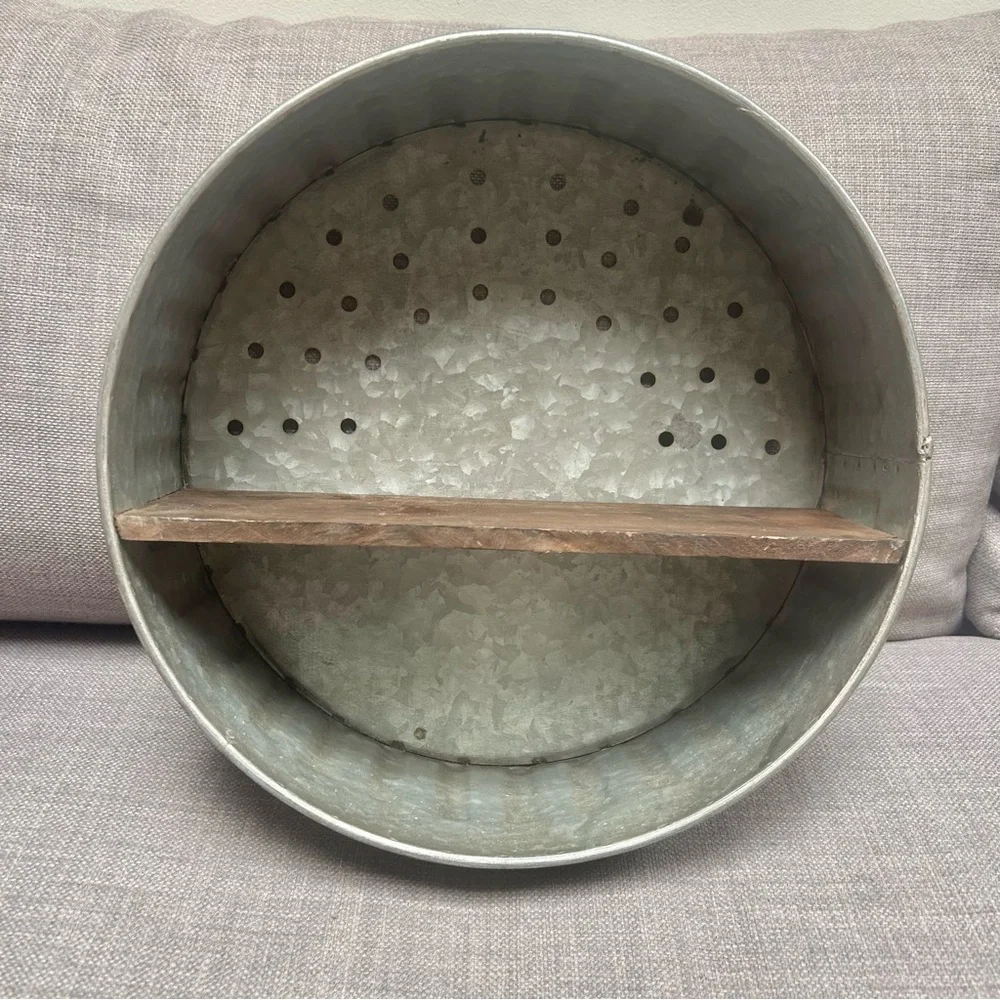 KATHY Farmhouse Rustic Round Gray Metal Wall Wooden Shelf Country Core #0725259